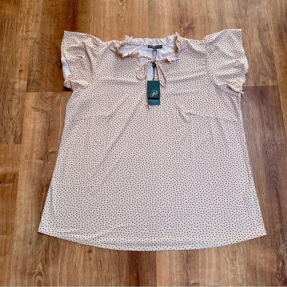 ADRIANNA PAPELL NWT frilly polka dot blouse pink 2X tie front stretchy comfort - Picture 1 of 7